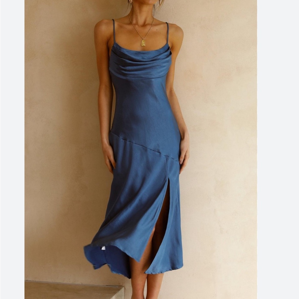 NEW Fiemaoves Hello Molly Blue Satin Midi Dress | Size Small | Cowl Neck Dress